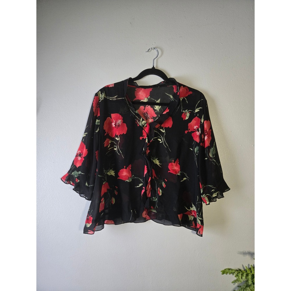 Black Red Floral Sheer Button Front Blouse | Flowy | Size‎ L
